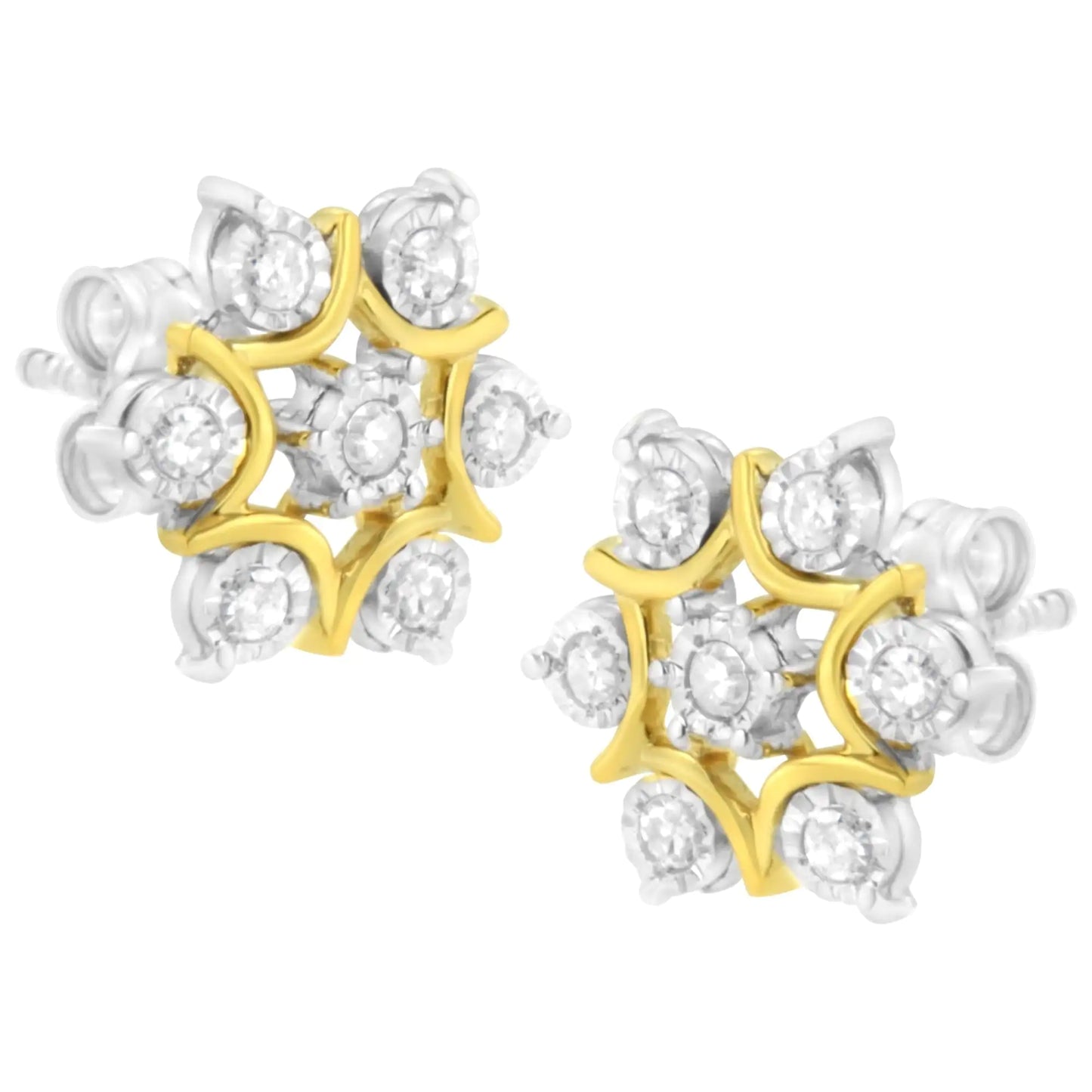 Aretes florales de diamantes de talla redonda con engaste milagroso de 1/4 ct, chapados en oro amarillo de 10 quilates y plata de ley 925 (color IJ, claridad I2-I3)