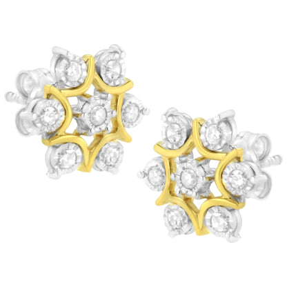 Aretes florales de diamantes de talla redonda con engaste milagroso de 1/4 ct, chapados en oro amarillo de 10 quilates y plata de ley 925 (color IJ, claridad I2-I3)