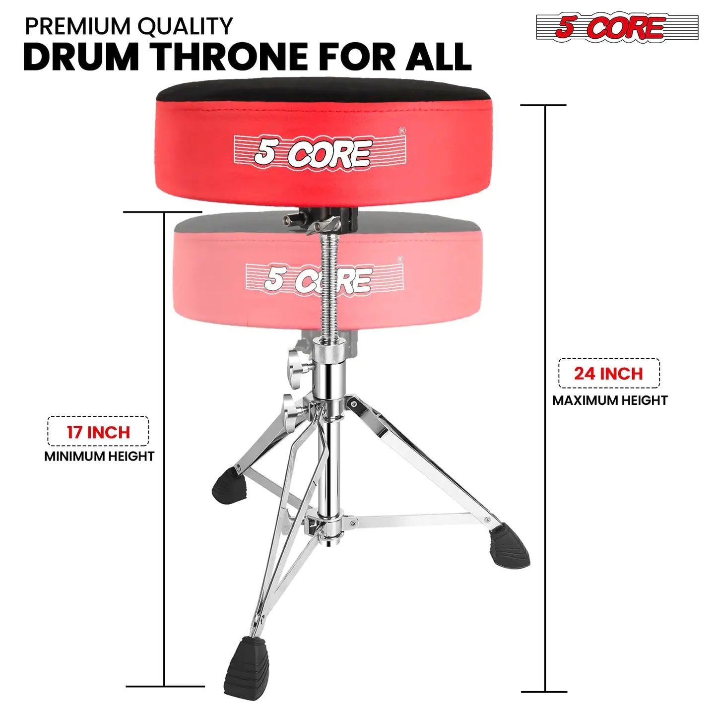 Banqueta para Bateria 5Core Acolchoada、Banquinho Giratório Ajustável para Guitarristas、Assento de Baterista、Cadeira 音乐剧 VERMELHO VELUDO