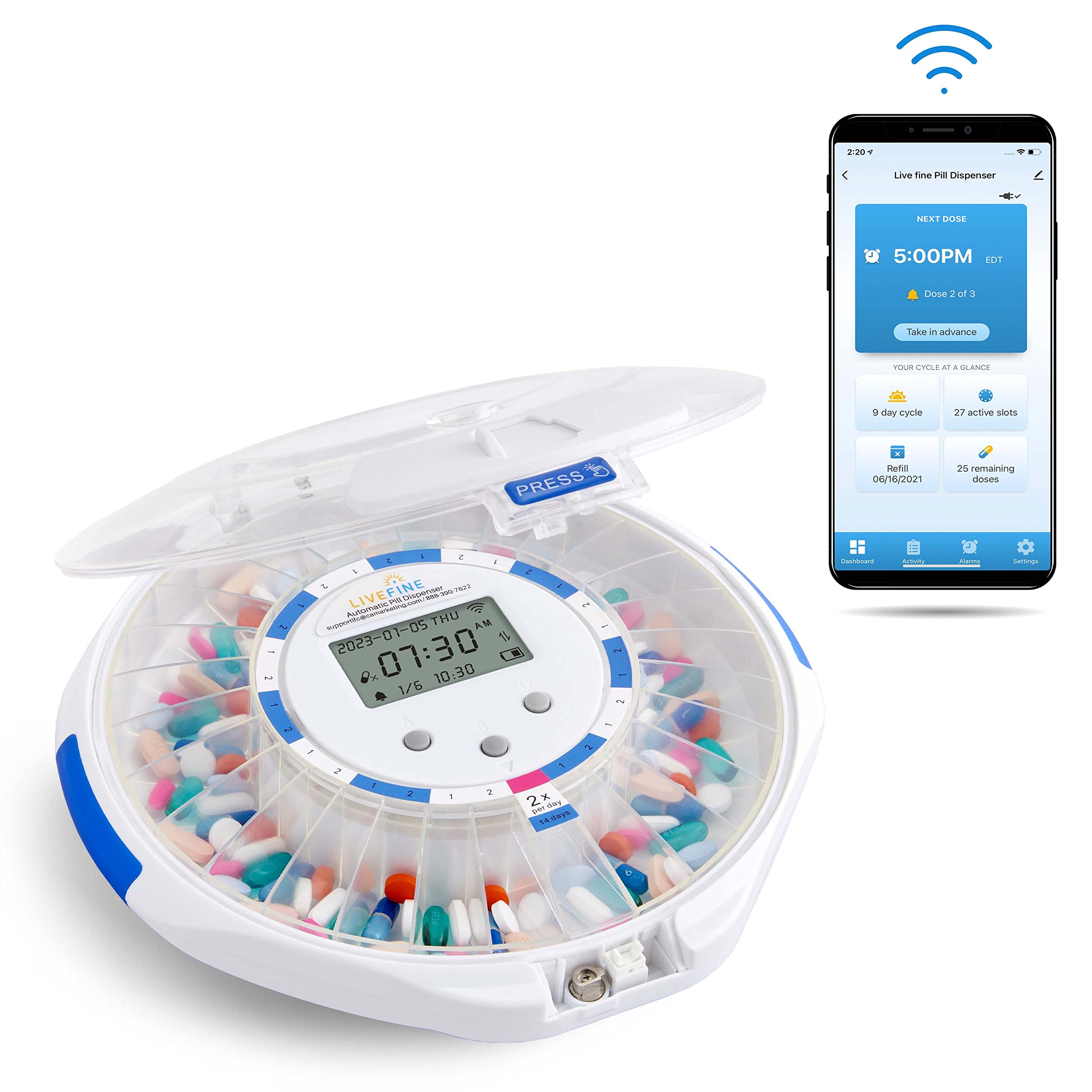 Live Fine 28-dages smart pilledispenser med wi-fi og alarmer
