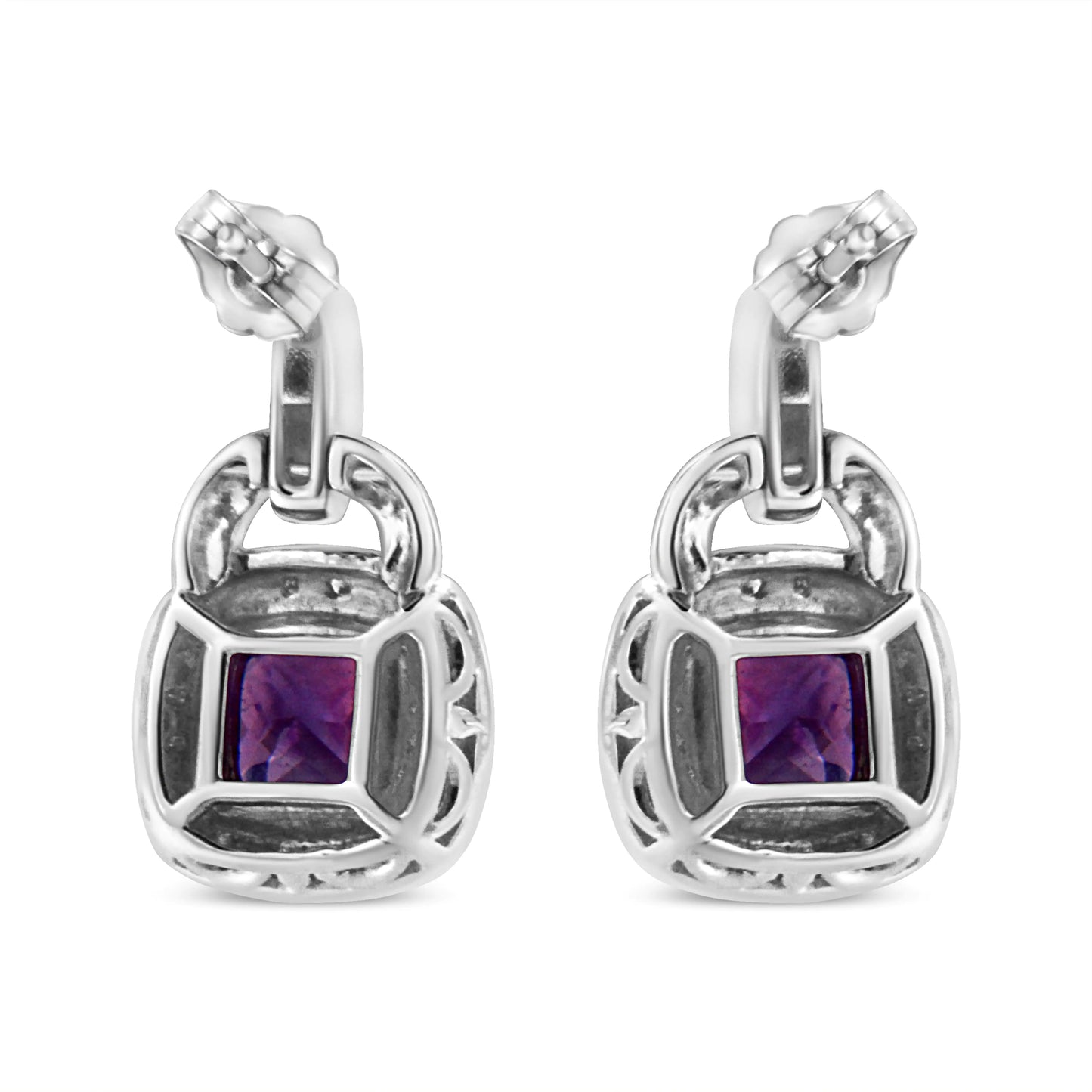 Pendientes colgantes con cierre a presión de amatista natural de 8 mm y forma cojín con halo de diamantes y detalles en plata de ley 925 (color IJ, claridad I2-I3)