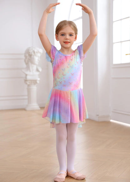 MdnMd Ballet Leotards with Skirt Toddler Girls Dance Ballerina Outfit Dresses Short Sleeve Rainbow Butterfly 4-5T