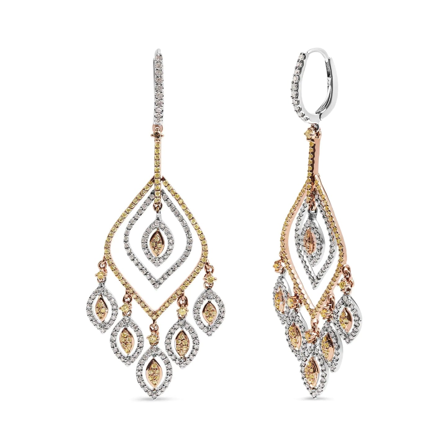 Aretes colgantes estilo candelabro con forma de rombo curvo de diamantes de 2 1/2 ct en oro blanco y rosa de 14 quilates (color JK, claridad I2-I3)