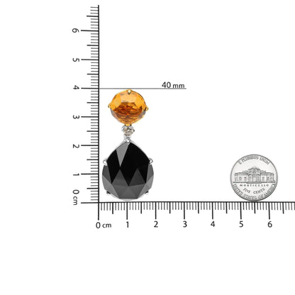 18K 白金和黄金 1/5 克拉钻石搭配圆形黄水晶和 20x15 毫米梨形切割黑玛瑙宝石吊坠耳环（GH 颜色，SI1-SI2 净度）