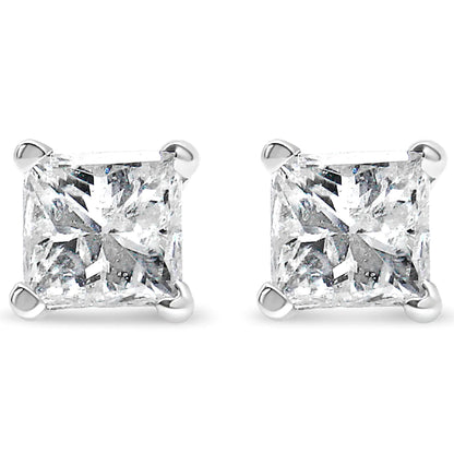 AGS Certified 14k White Gold 1.0 Cttw 4-Prong Set Princess-Cut Solitaire Diamond Push Back Stud Earrings for Women (E-F Color, I1-I2 Clarity)