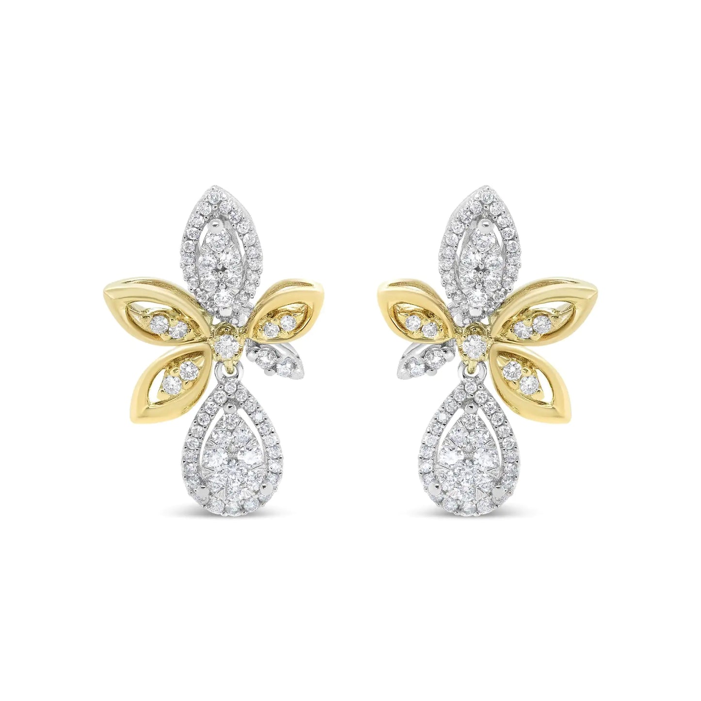 Pendientes colgantes de oro blanco y amarillo de 14 quilates con diamantes redondos engastados en pavé, forma de lágrima y marquesa (color HI, claridad SI1-SI2)