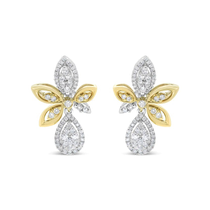 Pendientes colgantes de oro blanco y amarillo de 14 quilates con diamantes redondos engastados en pavé, forma de lágrima y marquesa (color HI, claridad SI1-SI2)