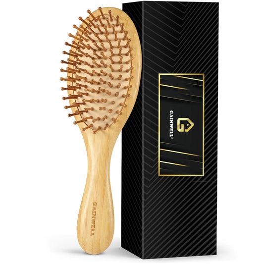 Bamboo Hair Brush for Hair Growth, Natural Bamboo Bristles Detangling Wooden Paddle Hairbrush for Massaging Scalp, for Women Men and Kids, for All Hair Types, with Ergonomic handle Original Round Bristle