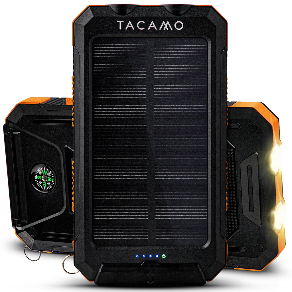 TACAMO Solaroplader - IP67 Vandtæt, TSA Godkendt - Dobbelt USB Hurtigopladning med Nødlys | vandtæt powerbank