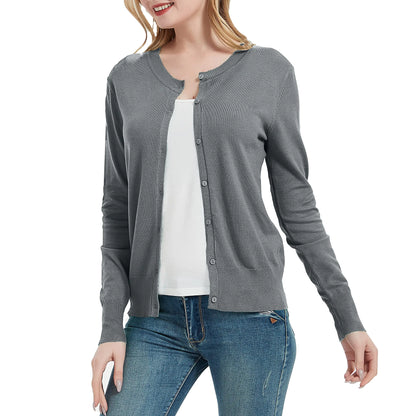 Suéter tipo cárdigan de manga larga con botones y cuello redondo para mujer, gris plateado, talla XX-Large