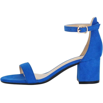 Sandalias de tacón bajo con tiras gruesas para mujer, de 5 cm, con puntera abierta y tira en el tobillo, para vestir, para uso diario, para trabajo y fiesta, en terciopelo azul 7