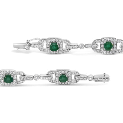 14K White Gold 5mm Emerald Cushion Cut and 2.00 Cttw Round Bezel-Set Diamond Link Bracelet - (H-I Color, VS1-VS2 Clarity) - Size 7"