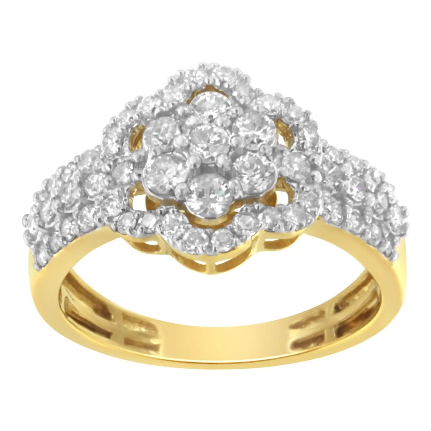 Anillo floral abierto con halo de diamantes de 1,0 ct y baño de oro amarillo de 10 quilates en plata de ley 925 (color JK, claridad I2-I3)