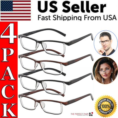 4 Pack Reading Glasses Readers Men Women Square Frame Spring Hinge Unisex Pairs