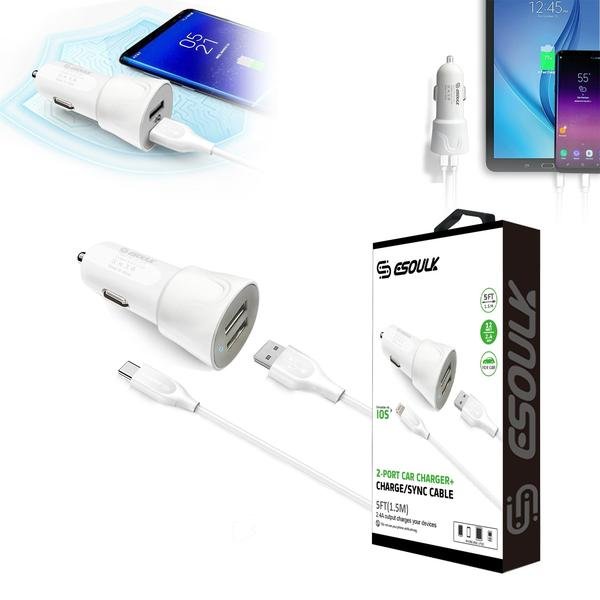 Esoulk 12W Dual USB Car Charger with 5FT Type-C Cable