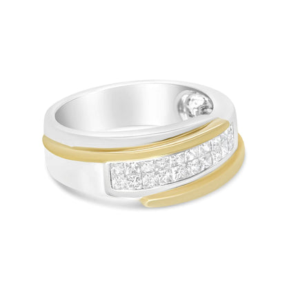 Anillo moderno para caballero en oro amarillo y blanco de 14 quilates con diamantes de talla princesa de 1,00 quilates (color HI, claridad SI2-I1) - Talla 10