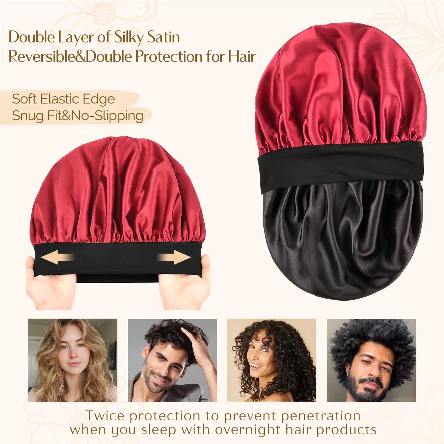 Gorro YANIBEST para hombre, gorro para dormir, gorro de satén de doble capa para mujeres negras, trenzas de pelo rizado, color vino tinto.