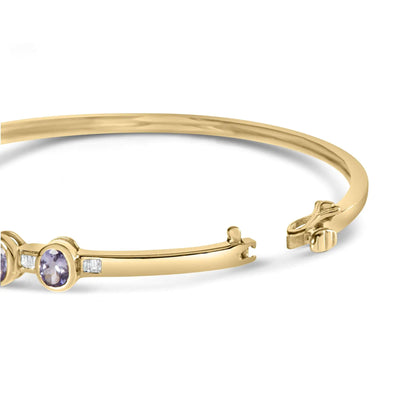 14K Yellow Gold Alternating Bezel Set 5MM Oval Shaped Tanzanite and 1/5 Cttw Diamond Bangle Bracelet (H-I Color, VS2-SI1 Clarity) - Fit's wrists up to 7.25" Inches