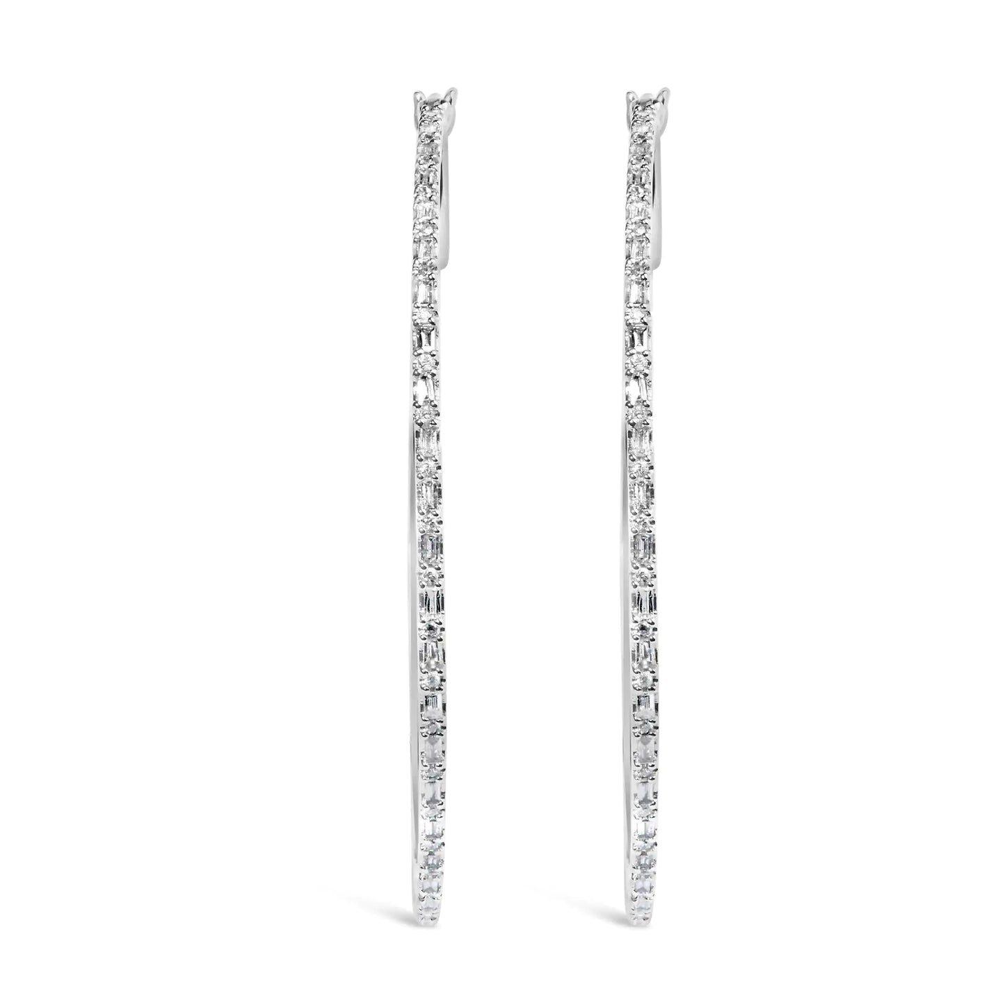 10K White Gold 1/2 Cttw Baguette and Round Alternating Diamond Hoop Earrings (I-J Color, I2-I3 Clarity)