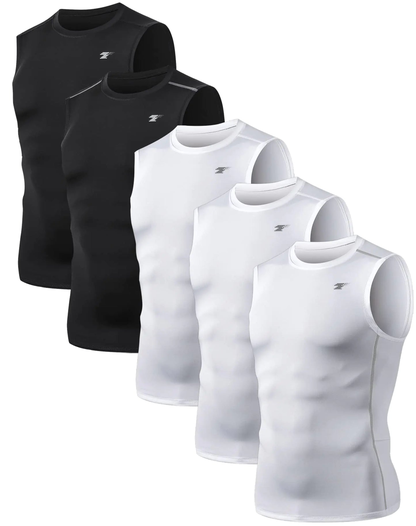 TELALEO - Pack de 5 camisetas de compresión deportivas para hombre, sin mangas, para entrenamiento, capa base deportiva, para correr, baloncesto, negro/blanco (paquete de cinco), talla mediana