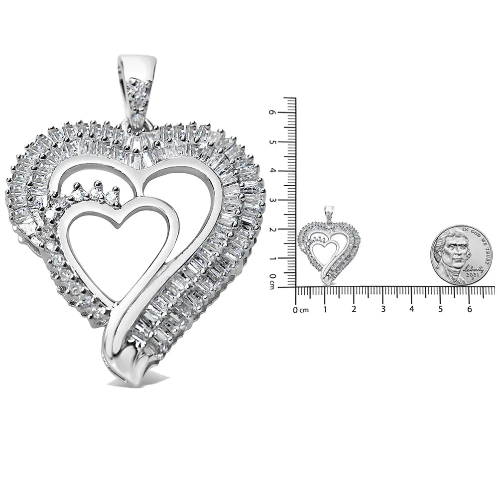.925 Sterling Silver 3/4 Cttw Round and Baguette Diamond Double Heart Pendant 18" Necklace (I - J Color, I3 Clarity) - Catch Cards