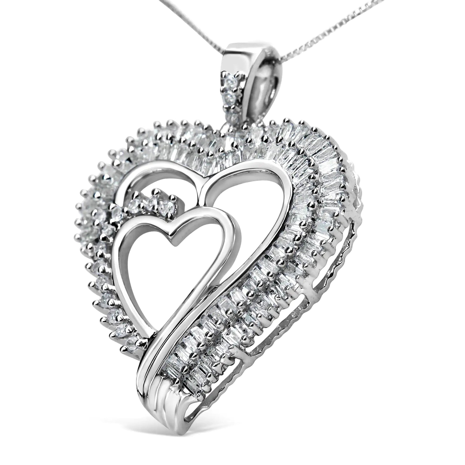 .925 Sterling Silver 3/4 Cttw Round and Baguette Diamond Double Heart Pendant 18" Necklace (I - J Color, I3 Clarity) - Catch Cards