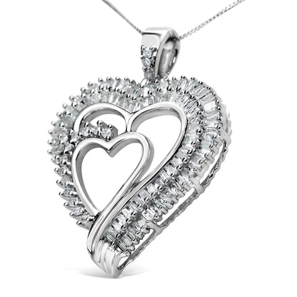 .925 Sterling Silver 3/4 Cttw Round and Baguette Diamond Double Heart Pendant 18" Necklace (I - J Color, I3 Clarity) - Catch Cards