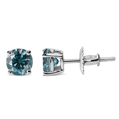 14K Gold Round Brilliant Cut Lab Grown Blue Diamond 4-Prong Classic Solitaire Stud Earrings with Screwbacks