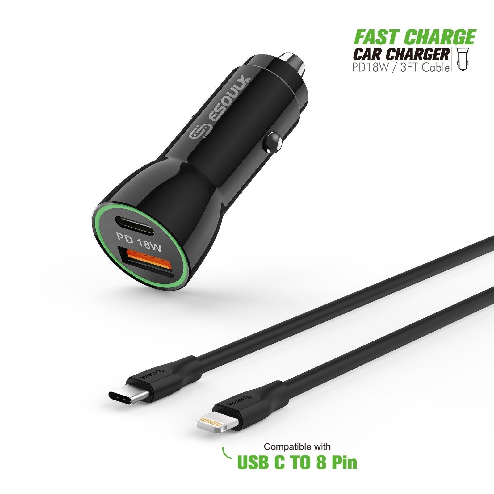 Esoulk Schwarzes 18-W-PD-Schnellladegerät und USB-C-iPhone-Kabel