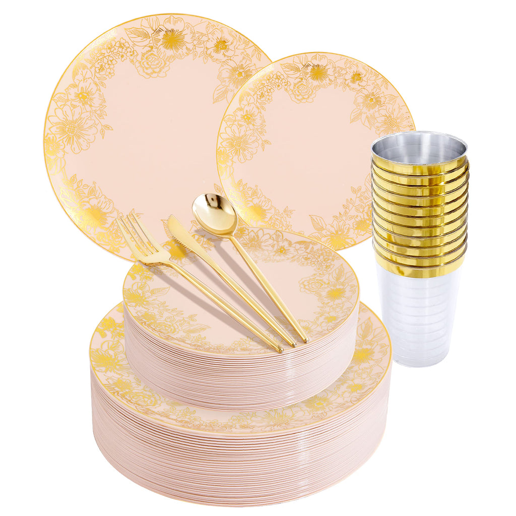 Elegant 180pc Pink & Gold Party Set for Special Occasions | elegant disposable dinnerware