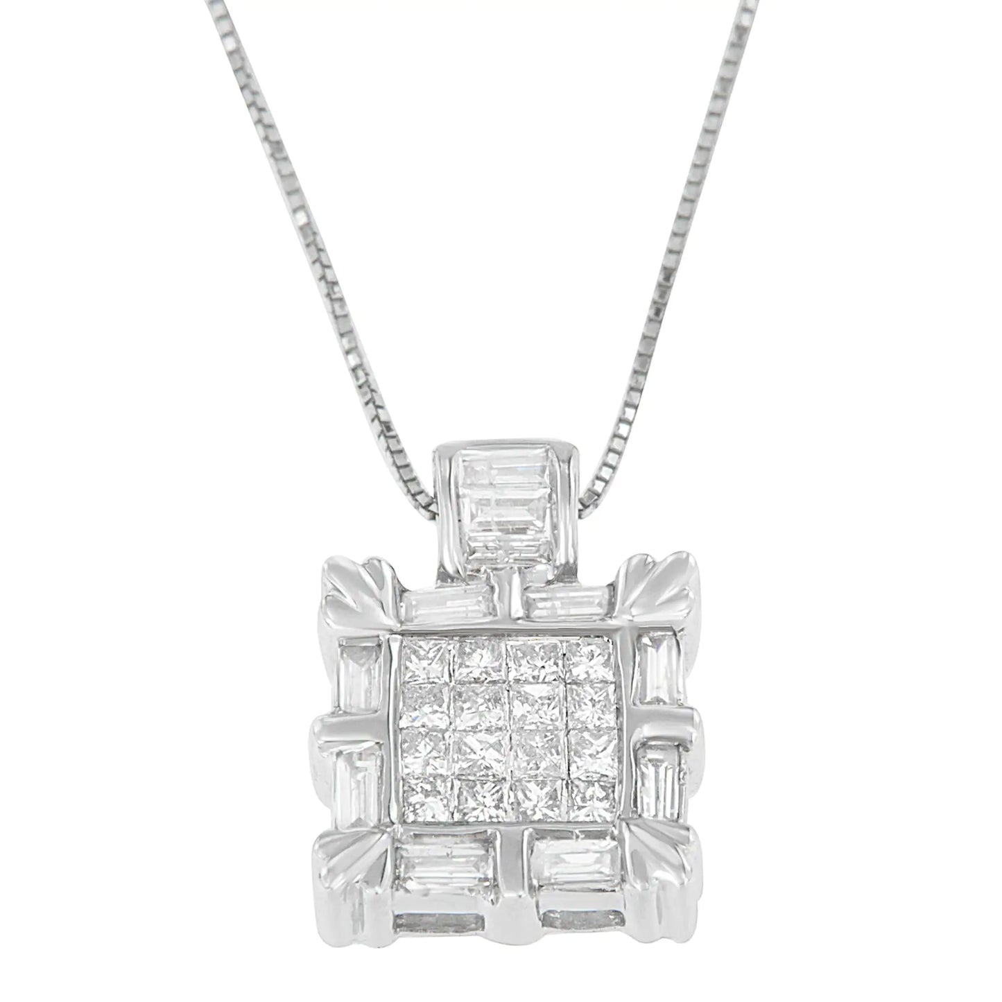 14K hvitt gull Baguette og Princess Cut Diamond Square Halo Anheng Halskjede (3/4 cttw, HI Color, SI2-I1 Clarity)