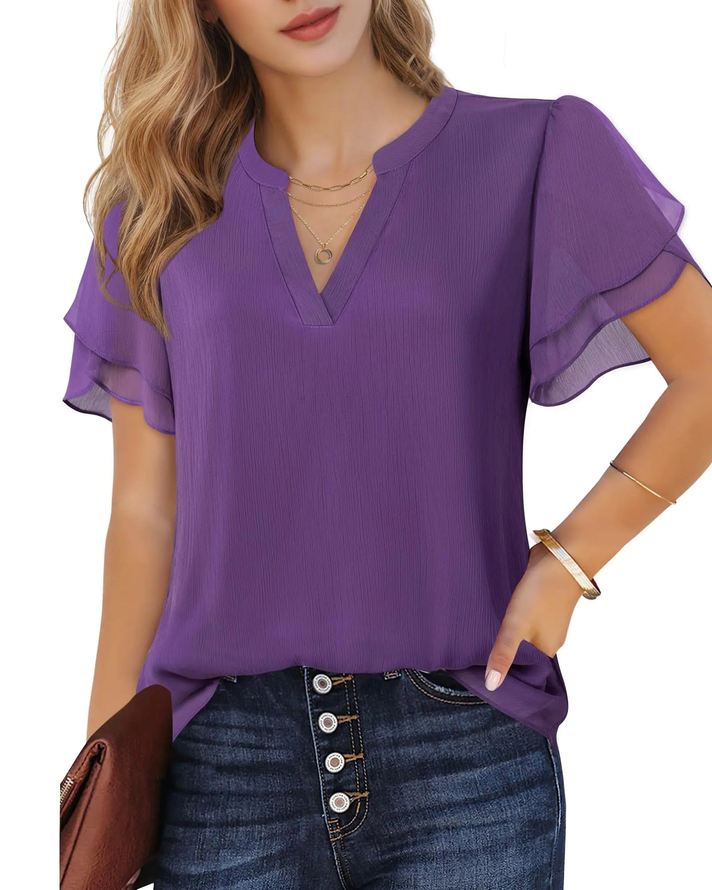 Blusas elegantes de gasa Lotusmile para mujer, de verano, con pétalos abullonados, de manga corta, cuello en V, informales, para el trabajo, color morado medio