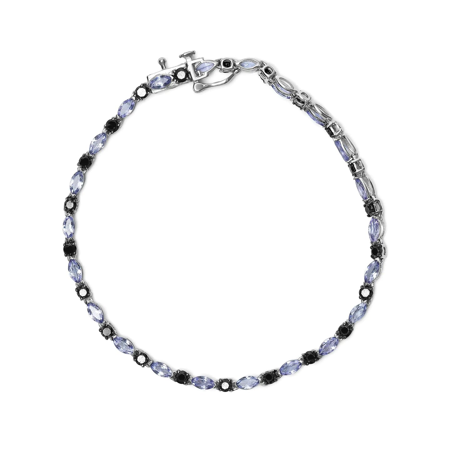 .925 Sterling Silber käepael 1 1/2 Cttw Schwarzen Diamanten ja Blauem Tansanit (I2-I3 Reinheit, Schwarze Farbe) – Größe 7,25"