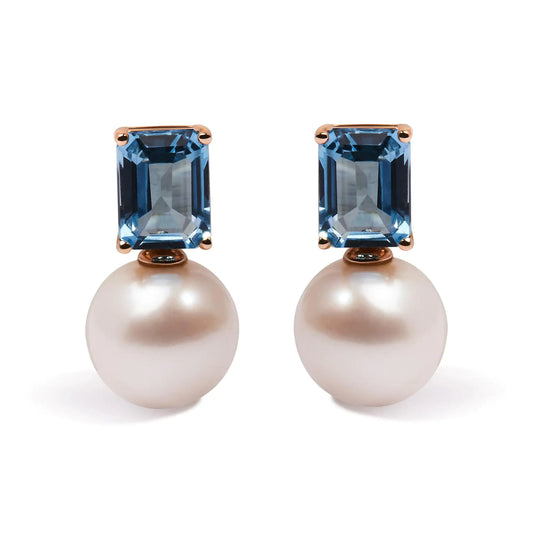 14K Rose Gold 10MM Cultured Freshwater Pearl and 8x6mm Octagon Swiss Blue Topaz Drop Earrings