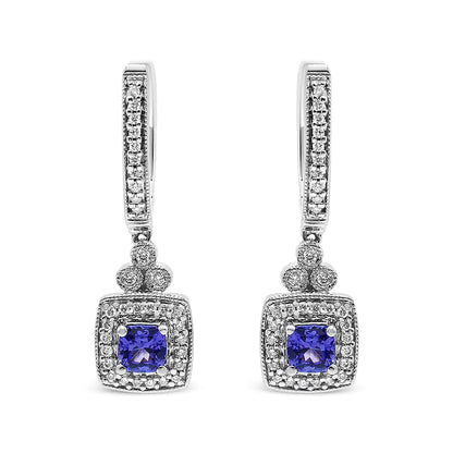 14K White Gold 4x4 mm Cushion Shaped Blue Tanzanite and 1/3 Cttw Diamond Halo 1" Inch Drop and Dangle Earrings (J-K Color, SI2-I1 Clarity)