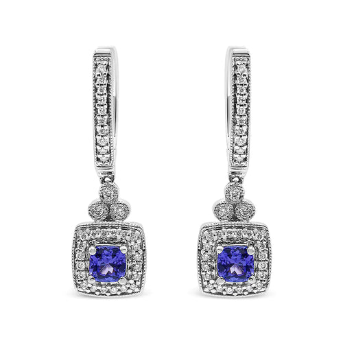 14K White Gold 4x4 mm Cushion Shaped Blue Tanzanite and 1/3 Cttw Diamond Halo 1" Inch Drop and Dangle Earrings (J-K Color, SI2-I1 Clarity)