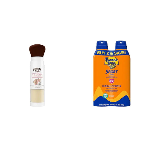 Polvo mineral Hawaiian Tropic con brocha y protector solar en aerosol FPS 30 y protector solar en aerosol ultra resistente al agua Banana Boat Sport FPS 50 (paquete doble). Polvo cosmético + protector solar en aerosol FPS 50.