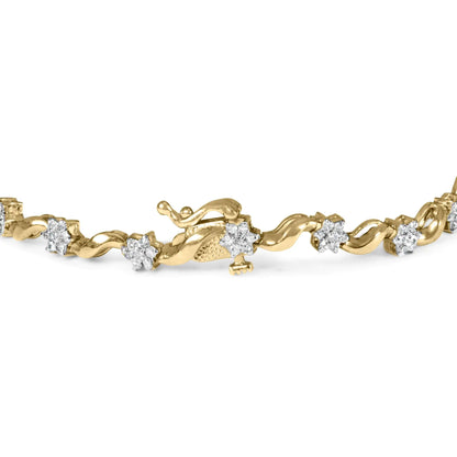 10k Yellow Gold 1.00 Cttw Round-Cut Diamond Floral S-Link 7.50" Bracelet (I-J Color, I2-I3 Clarity)