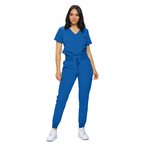 MONARCH UNIFORMS Stretchy Scrubs Jogger Scrub Set for kvinner i vanlige og Petite Jogger Scrubs med Tuck-In topp for kvinner Royal Blue X-Small