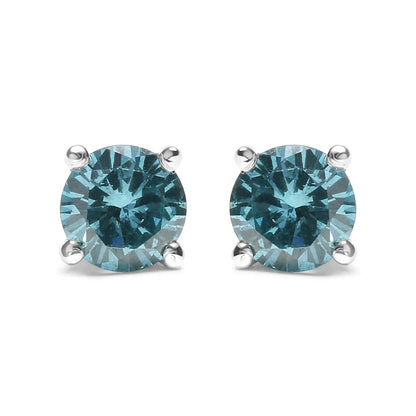 14K Gold 1/2 Cttw Aqua Blue Diamond Screw-Back 4-Prong Classic Stud Earrings (Color Treated, I2-I3)