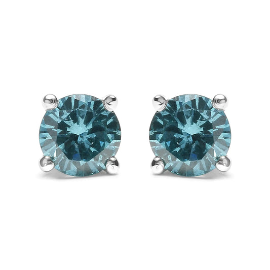 Aretes clásicos de oro de 14 quilates con diamantes azul agua de 1/2 quilates y 4 puntas con cierre de rosca (tratamiento de color, I2-I3)