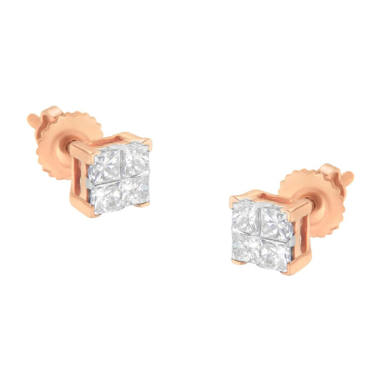 Aretes de oro de 10 quilates con diamantes princesa (1/2 ct, color IJ, claridad I1-I2)