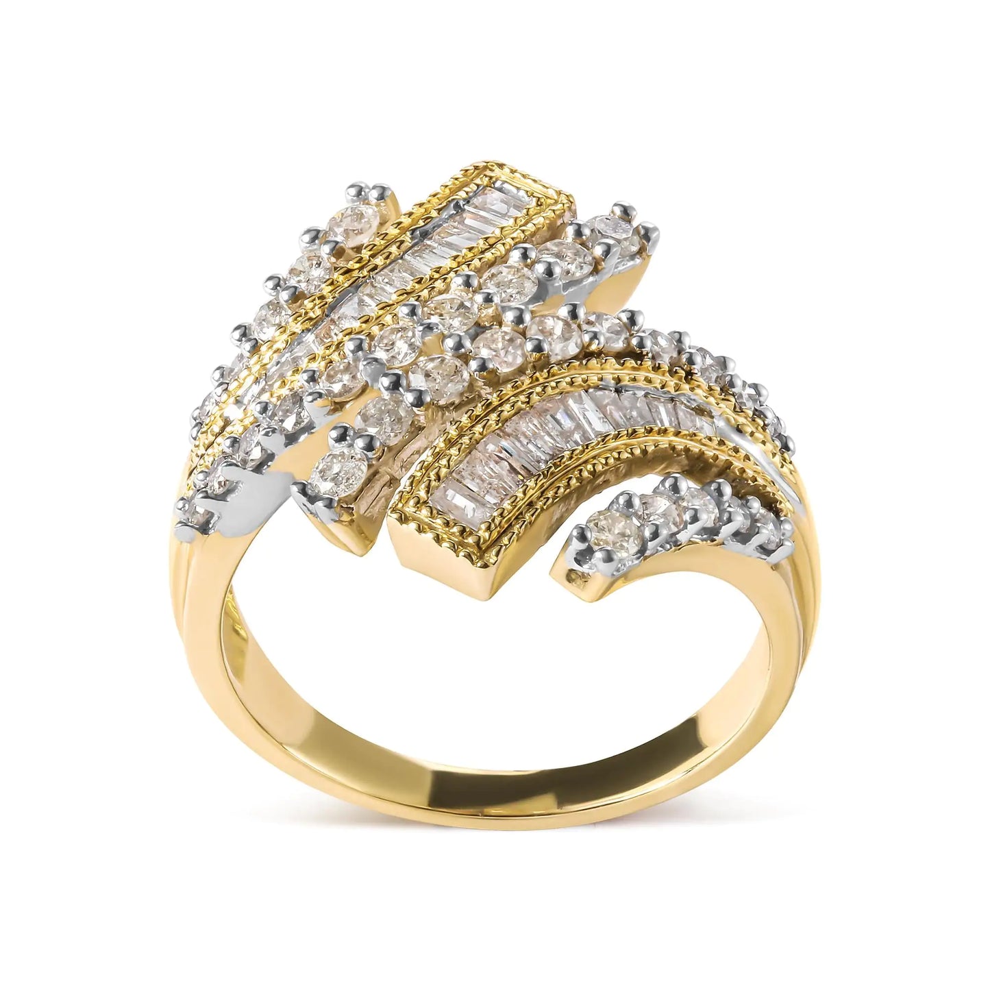 10K Yellow Gold 1.0 Cttw Round and Baguette Diamond Woven Bypass Ring (H-I,I1-I2)