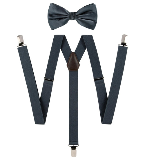 TIE G Solid Color Men's Suspender + Woven Bow Tie Set for Wedding : Vivid Color, Adjustable Brace, Strong Clip, Elastic Band Charcoal Grey