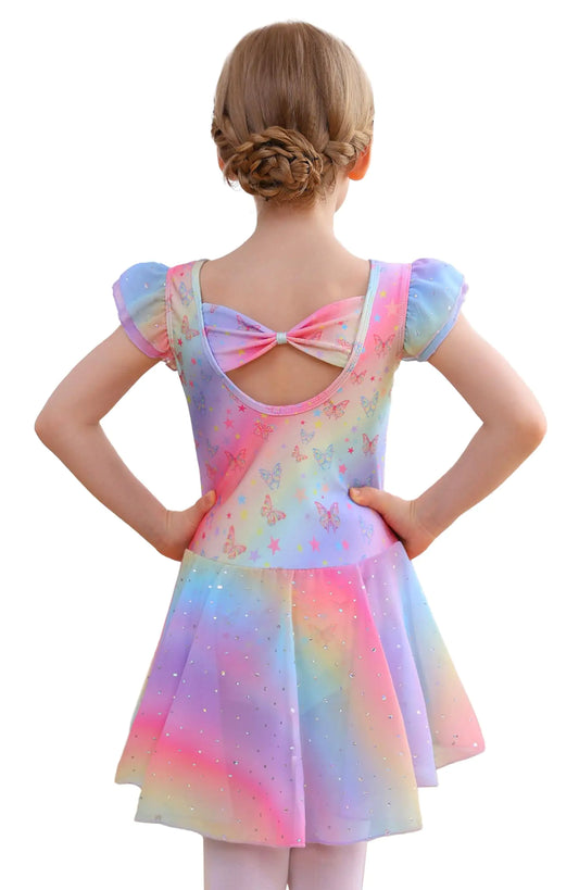 Maillot de ballet MdnMd con falda para niñas pequeñas, vestido de bailarina de manga corta con mariposa arcoíris, tallas 4-5