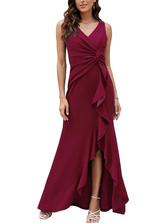 FQA Vestidos de noche negros largos para mujer Vestidos formales para mujer Fiesta de noche Elegante Cuello en V Sin mangas Cruzado dividido Extra grande Vino tinto