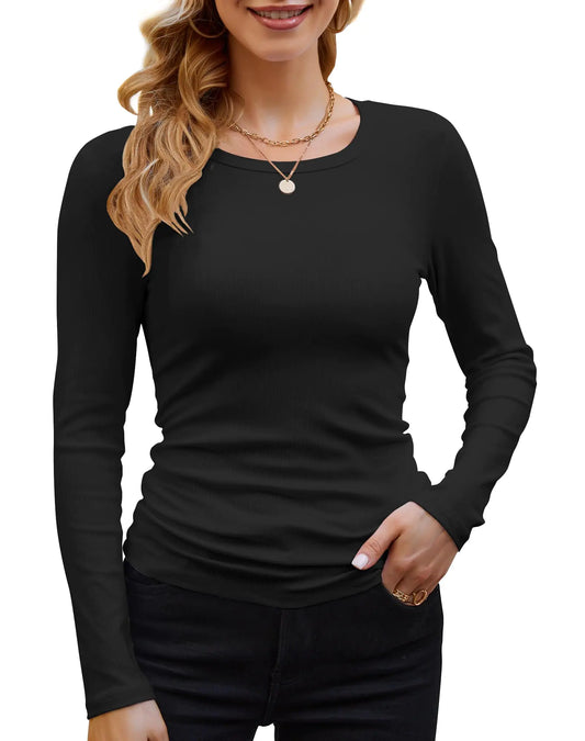 GEMBERA - Camiseta básica informal de punto entallada de manga larga con cuello redondo y canalé para mujer, color negro mediano