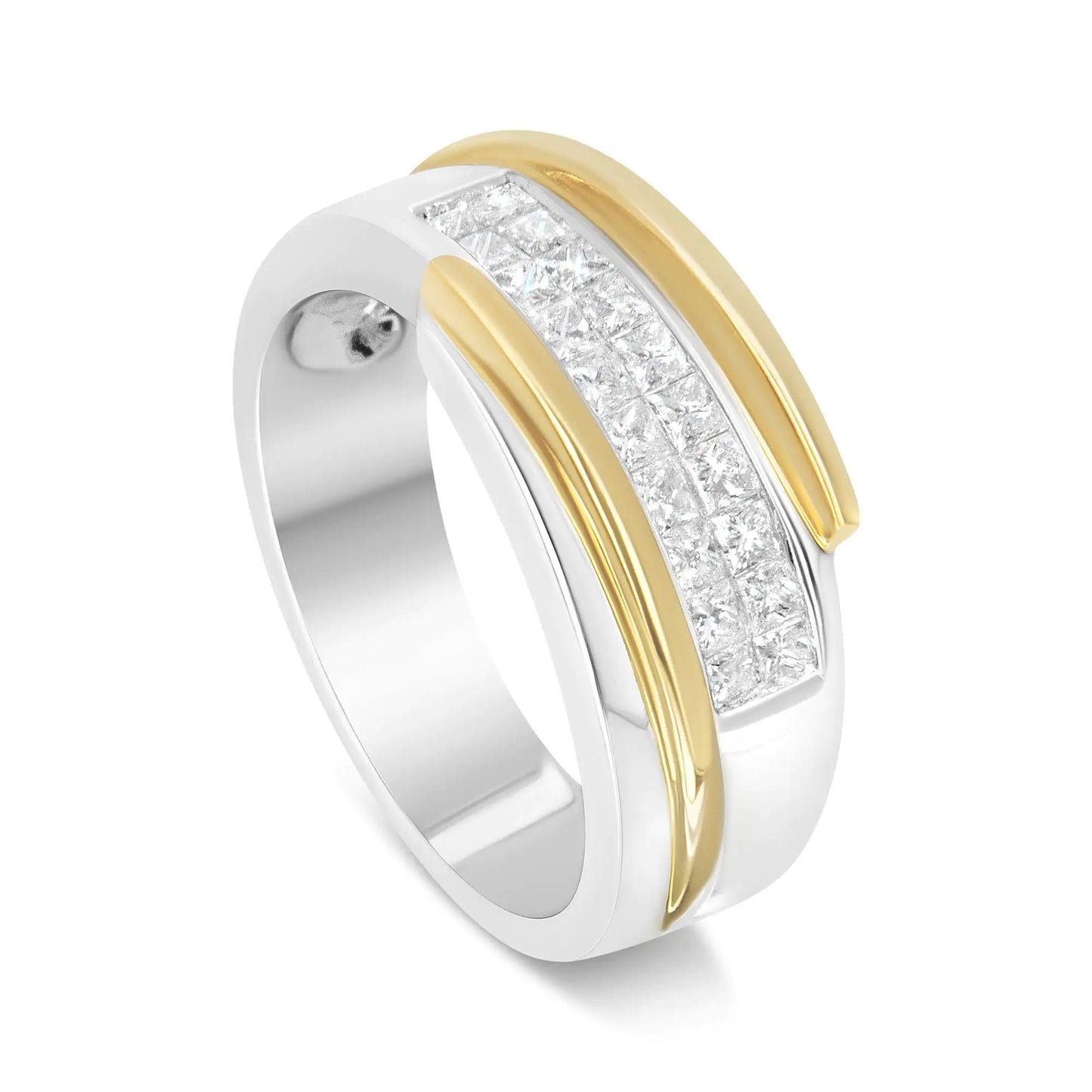 Anillo moderno para caballero en oro amarillo y blanco de 14 quilates con diamantes de talla princesa de 1,00 quilates (color HI, claridad SI2-I1) - Talla 10