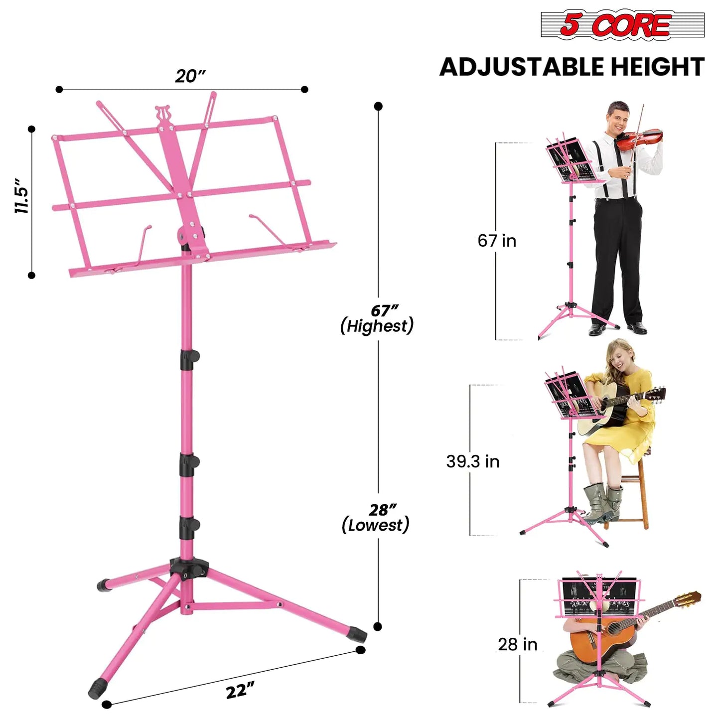 Soporte de Música 5Core para Partituras, Portátil, Tripé Ajustável, Dobrável, com Porta-Partituras e Luz, Rosa