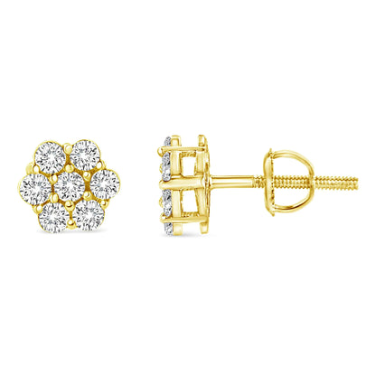 Aretes de oro amarillo de 14 quilates con diamantes redondos de talla brillante de 1/2 ct y cierre de rosca en racimo floral (color IJ, claridad SI2-I1)